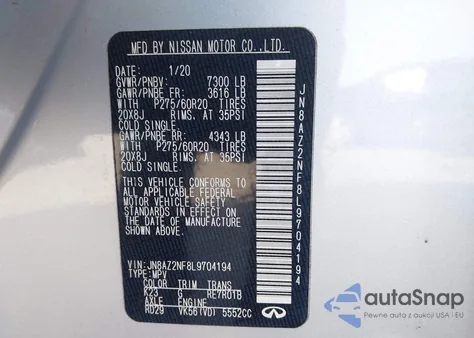 2020 Infiniti Qx80 Luxe из США, поврежденный, VIN JN8AZ2NF8L9704194